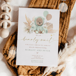 Boho Teddy Bear Sage Green Barly Wait Baby shower Kaart