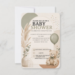 Boho Teddy Bear Salie Groene Baby Shower Uitnodigi Kaart