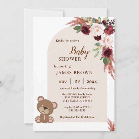 Boho Teddy Bear Stylist Baby shower Invitation Kaart (Voorkant)