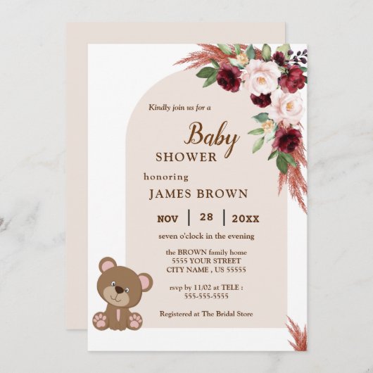 Boho Teddy Bear Stylist Baby shower Invitation Kaart (Voorkant / Achterkant)