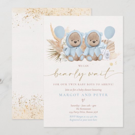 Boho Teddy Bear Twin Boys Barly Wait Baby shower Kaart (Voorkant / Achterkant)