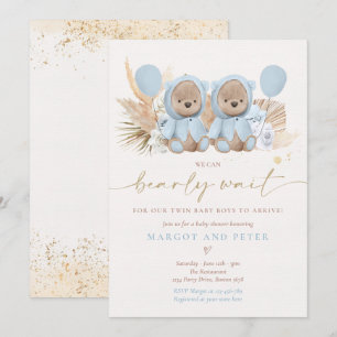 Boho Teddy Bear Twin Boys Barly Wait Baby shower Kaart