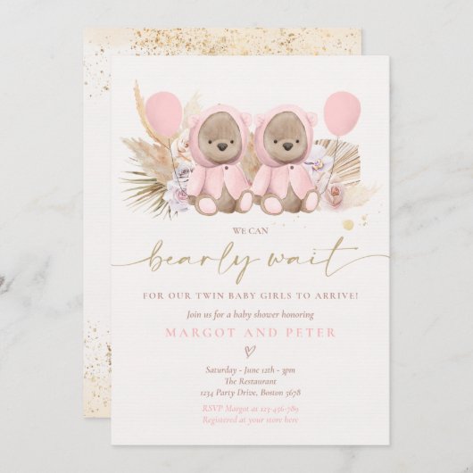 Boho Teddy Bear Twin Girls Barly Wait Baby shower Kaart (Voorkant / Achterkant)