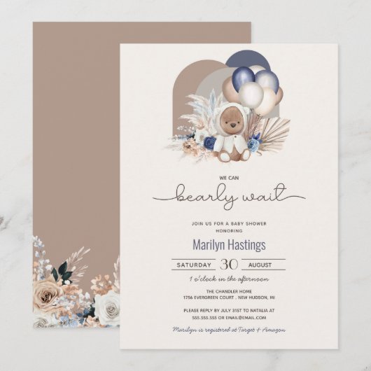 Boho Teddy Bear, we kunnen wachten - Baby shower Kaart (Voorkant / Achterkant)