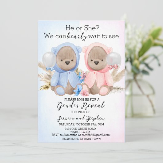 Boho Teddy Bears Roze Blauw Geslacht Kaart (Staand voorkant)