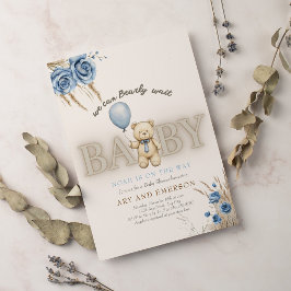 Boho Teddy Beer Jongen Blauwe Beerlijd Wachten Bab Kaart