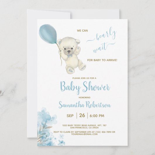 Boho Teddy Polar Beer Blue Balloon Baby shower Kaart (Voorkant)