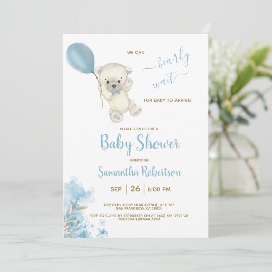 Boho Teddy Polar Beer Blue Balloon Baby shower Kaart (Staand voorkant)