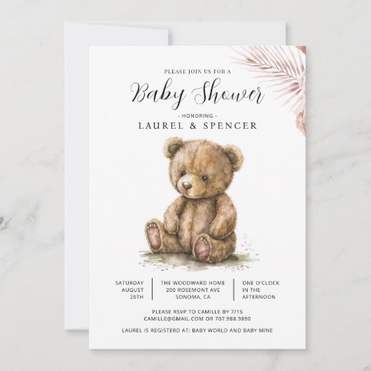 Boho Teddybeer Baby Shower Kaart (Voorkant)