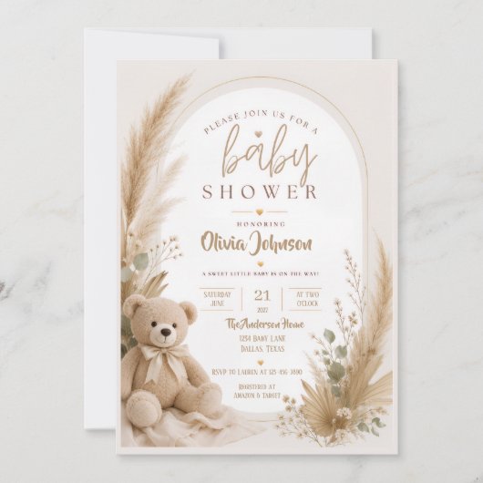 Boho Teddybeer Babyshower Uitnodiging (Voorkant)