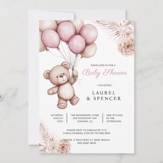 Boho Teddybeer Ballonnen Babyfeestje Kaart (Voorkant)