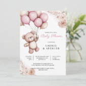 Boho Teddybeer Ballonnen Babyfeestje Kaart (Staand voorkant)