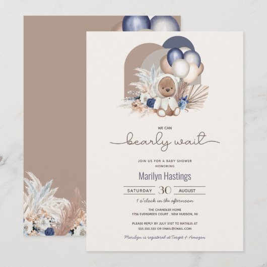 Boho Teddybeer & Ballonnen Bearly Wait Baby Shower Kaart (Voorkant / Achterkant)