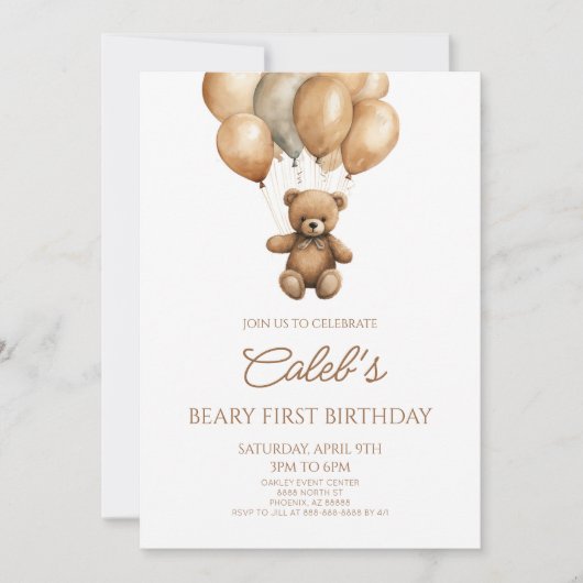 Boho Teddybeer Beary Eerste 1e Verjaardagsfeestje Kaart (Voorkant)