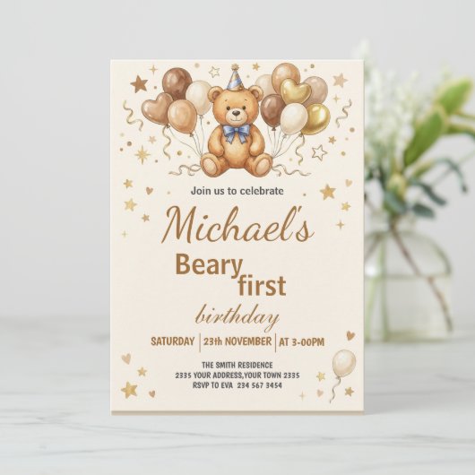 Boho Teddybeer Beary Eerste 1e Verjaardagsfeestje Kaart (Staand voorkant)