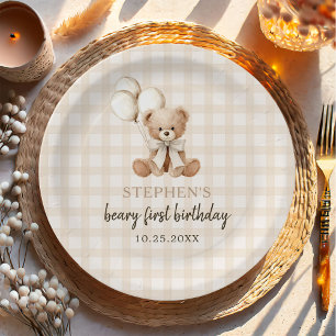Boho Teddybeer Beary Eerste 1e Verjaardagsfeestje Papieren Bordje