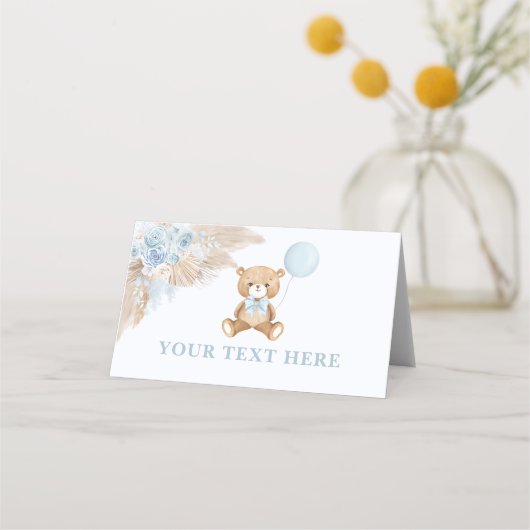 Boho Teddybeer Blauwe Ballon Voedseltenten Plaatskaartje (Voorkant)