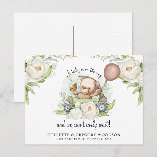 Boho Teddybeer Bruin Saliegroen Barly Wait  Aankondigingskaart (Voorkant / Achterkant)