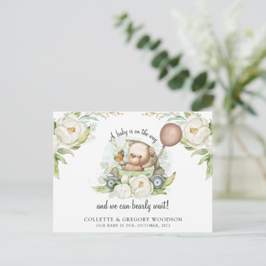 Boho Teddybeer Bruin Saliegroen Barly Wait  Aankondigingskaart (Staand voorkant)