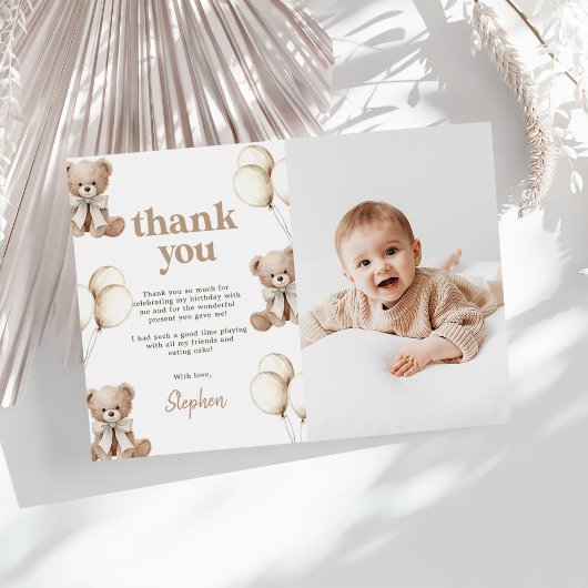 Boho Teddybeer Eerste Verjaardag Foto Bedankkaart