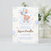Boho Teddybeer Jongen Blauwe Baby Shower Uitnodigi Kaart (Staand voorkant)