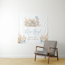 Boho Teddybeer Jongen Blauwe Baby Shower Welkomstb Wandkleed