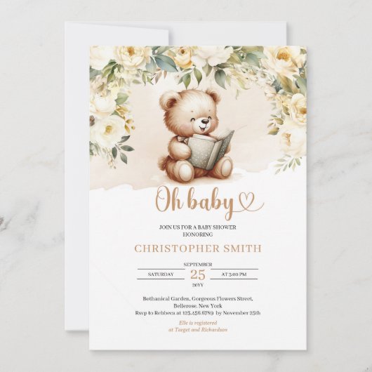 Boho teddybeer leest een boek groen en bruin kaart (Voorkant)