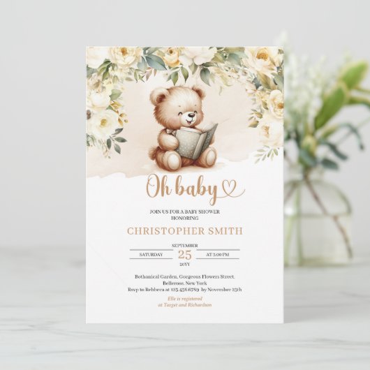 Boho teddybeer leest een boek groen en bruin kaart (Staand voorkant)