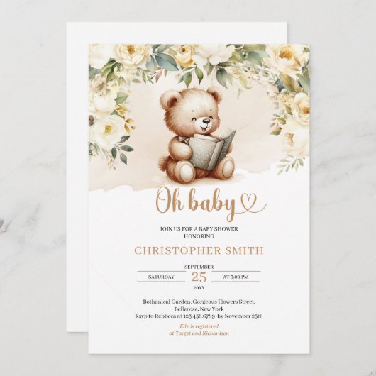 Boho teddybeer leest een boek groen en bruin kaart (Voorkant / Achterkant)