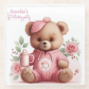 Boho Teddybeer Meisje Roze Beer Bloemige Verjaarda Glazen Onderzetter