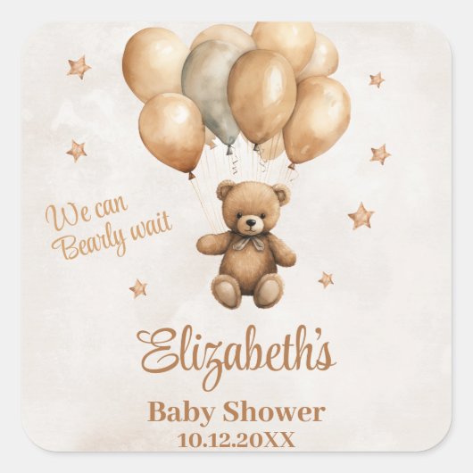 Boho Teddybeer met ballonnen Baby shower Vierkante Sticker (Voorkant)