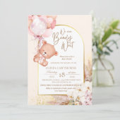 Boho Teddybeer Modern en bloemig Baby shower Kaart (Staand voorkant)