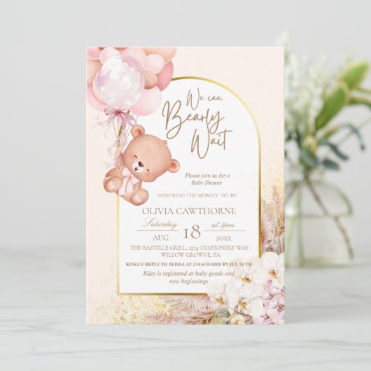 Boho Teddybeer Modern en bloemig Baby shower Kaart (Staand voorkant)