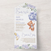 Boho Teddybeer Paarse Ballonnen Floral Baby shower All In One Uitnodiging (Binnen)