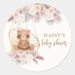 Boho Teddybeer Pampas Flower Baby shower Ronde Sticker