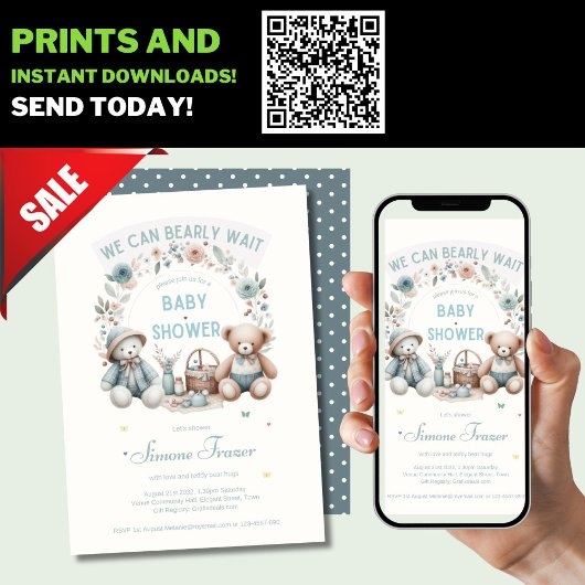 Boho Teddybeer Picknick Baby Shower Thema Jongens Kaart