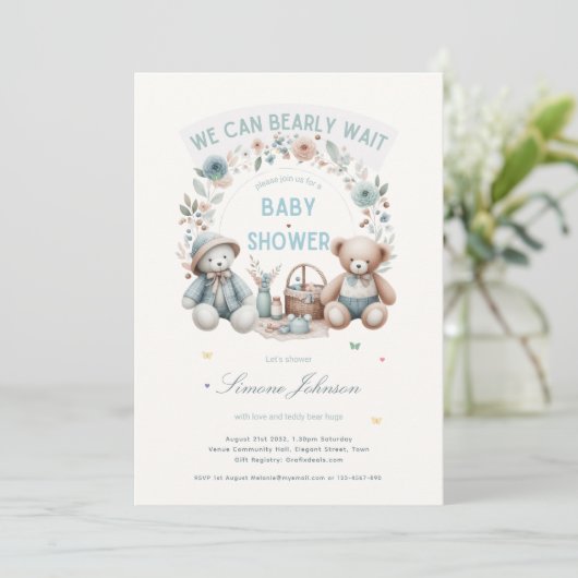 Boho Teddybeer Picknick Baby Shower Thema Jongens Kaart (Staand voorkant)