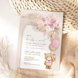 Boho Teddybeer Stof Roze Bloem Meisje Baby Shower Kaart