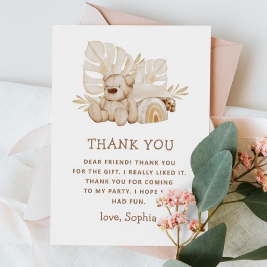 Boho teddybeer | Zachte knuffel voor kinderverjaar Bedankkaart