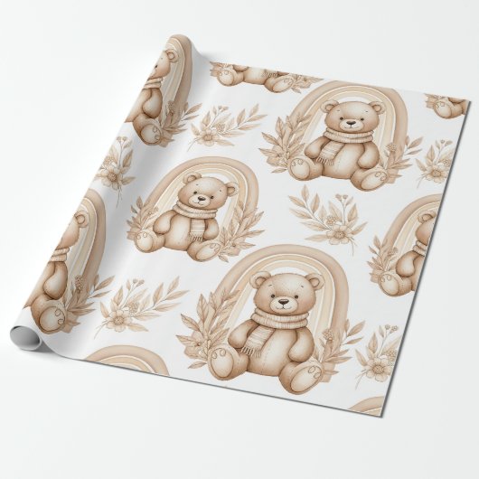 Boho Teddydier Regenboog Neutraal Bloemmotief Cadeaupapier (Uitgerold)