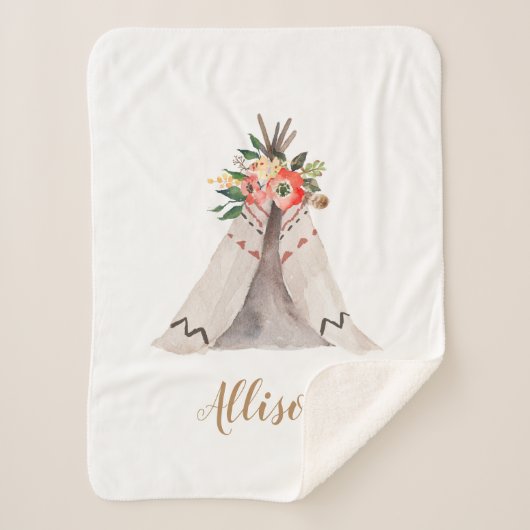 Boho Teepee Baby Meisje Monogram Sherpa Deken (Voorkant)