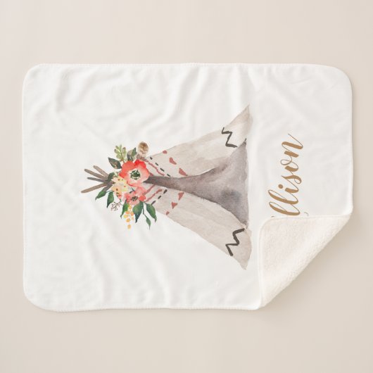 Boho Teepee Baby Meisje Monogram Sherpa Deken (Voorkant (horizontaal))