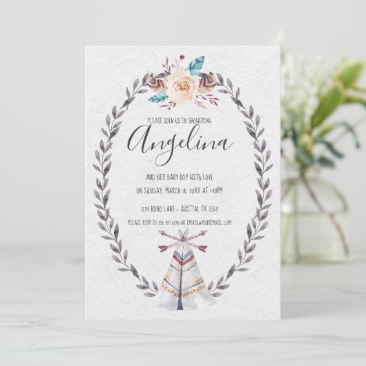 Boho Teepee Baby shower Waterverf Pijlen Uitnodige Kaart (Staand voorkant)