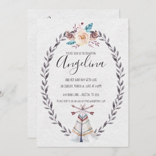 Boho Teepee Baby shower Waterverf Pijlen Uitnodige Kaart (Voorkant / Achterkant)