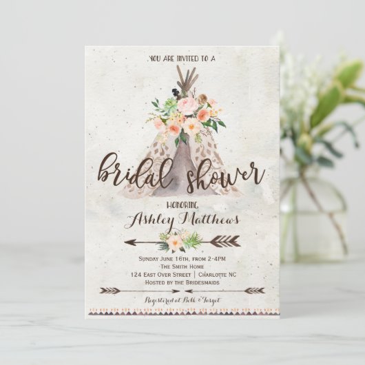 Boho TeePee bruids douche uitnodiging (Staand voorkant)