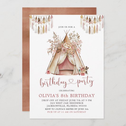 Boho Teepee Girl Bloemen Verjaardagsfeestje Uitnod Kaart (Voorkant / Achterkant)