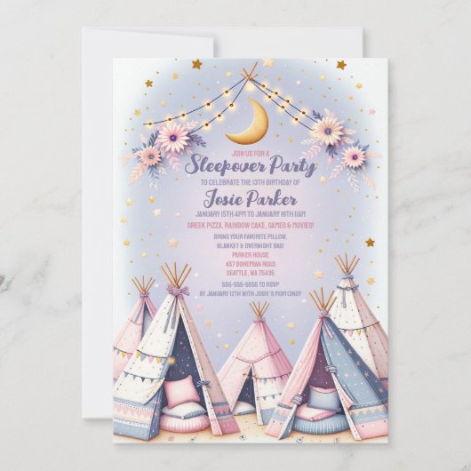 Boho teepee meisje sleepover sluimer party kaart (Voorkant)