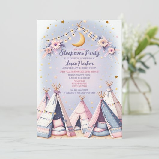 Boho teepee meisje sleepover sluimer party kaart (Staand voorkant)