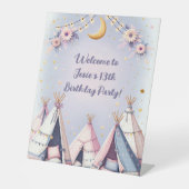 Boho teepee meisje sleepover sluimer party reclamebord met voetstuk (Voorkant)