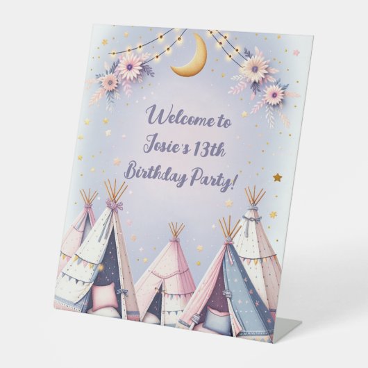 Boho teepee meisje sleepover sluimer party reclamebord met voetstuk (Voorkant)